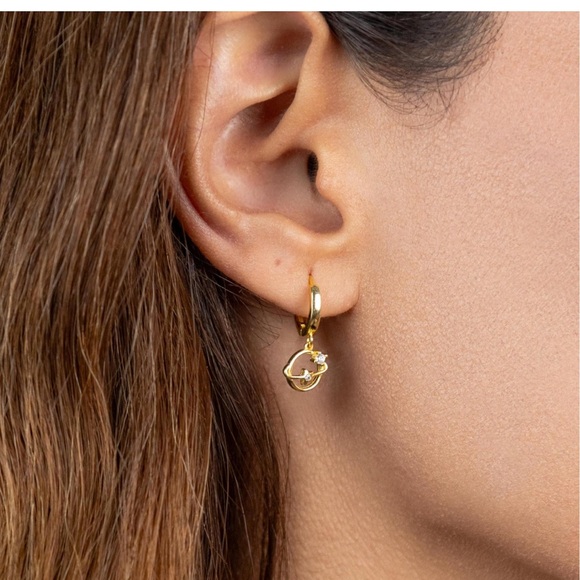 925 Sterling Silver & 18 K Gold Planet and Airplane Earrings - Picture 2 of 4